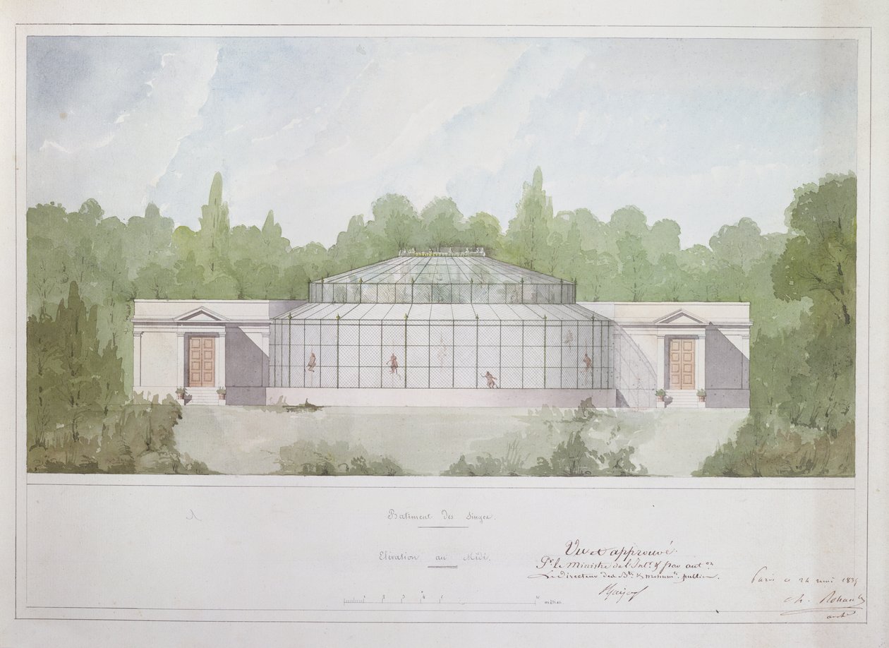 Abehuset ved Jardin des Plantes i Paris, 1835 (blæk & wc på papir) af French School