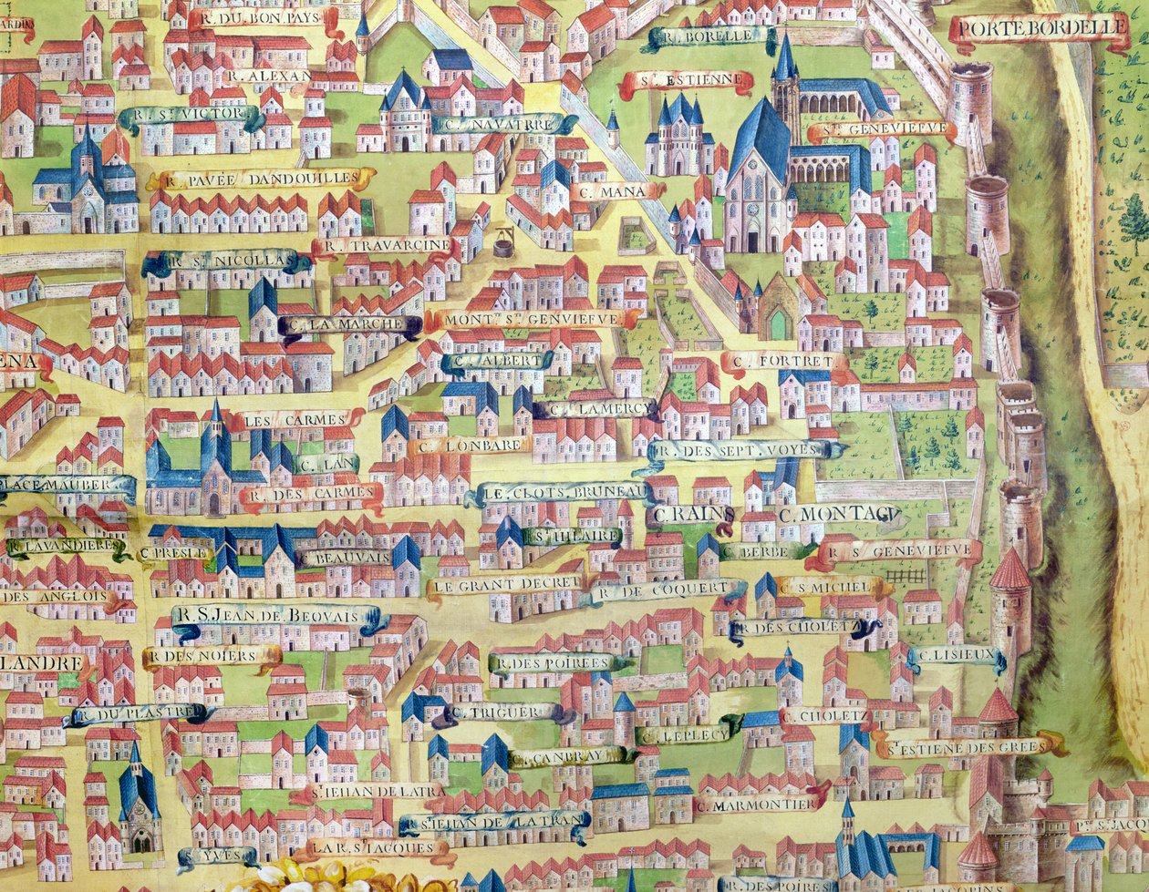 Montagne Sainte-Genevieve, detalje fra planen for Paris lavet c.1540, kaldet Plan de la Gouache, c.1860 af French School