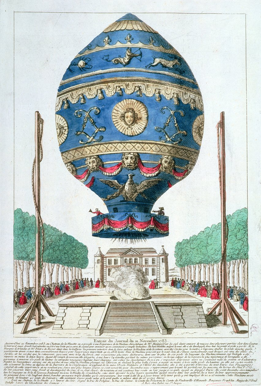 Montgolfier Brothers balloneksperiment på Chateau de la Muette, 21. november, 1783 af French School