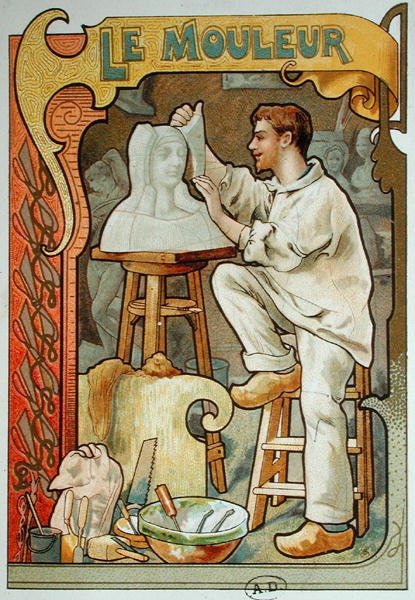 Formstøberen, illustration fra en bog om kunsthåndværk, ca. 1899 (farve litho) af French School