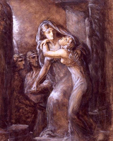The Mourning Scene (akvarel og forhøjning på papir) af French School