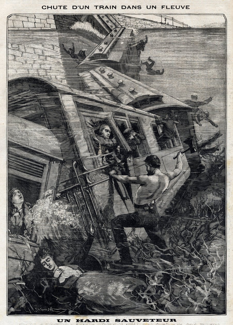 New York Buffalo-toget falder i en flod i USA: en mand forsøger at redde passagerer med risiko for at drukne. I "" Le Peute Parisien"" den 7/11/1897. Privat samling af French School