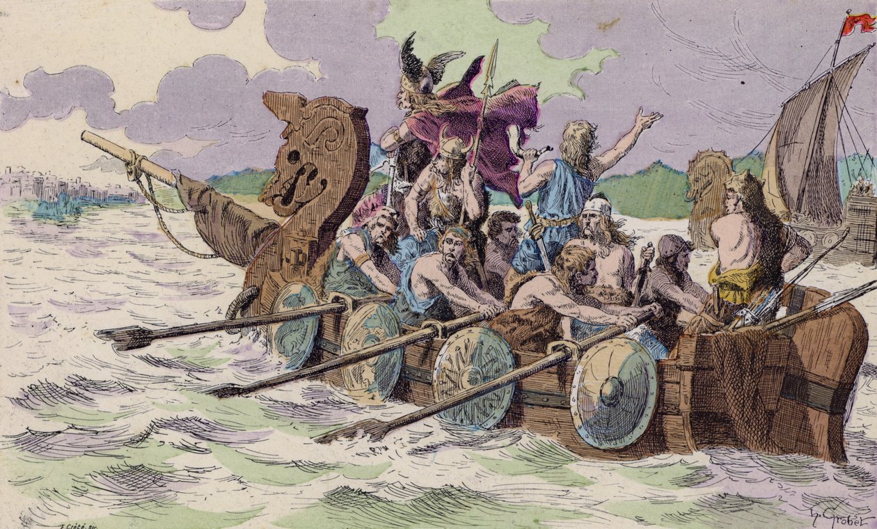 Normannerne ankommer til Paris, 885 (farvelitografi) af French School