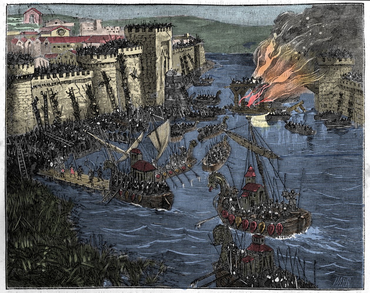 Normannerne, ledet af Rollo, belejrede Paris i 885, illustration fra Frankrig og franskmændene gennem århundredet, 1884 af French School