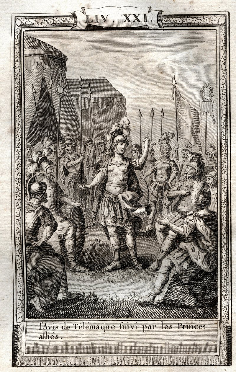 Meddelelsen om Telemaque efterfulgt af de allierede prinser - indgravering af 1798 efter Monnet i "Les Aventures de Telemaque, fils d