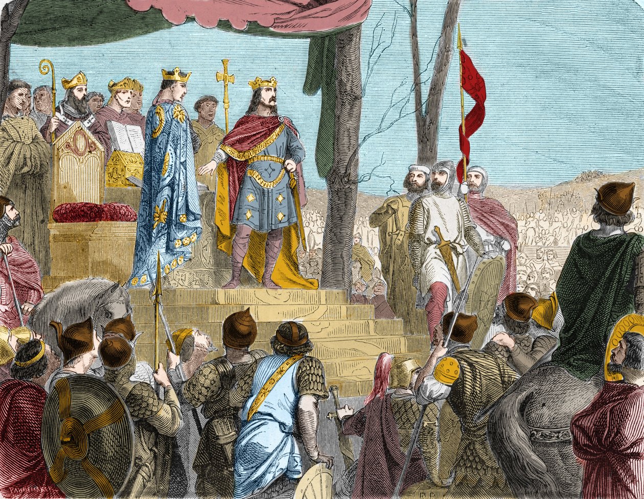 Edene i Strasbourg mellem Ludvig den Tyske (876), hersker over Østfrankrig, og hans halvbror Karl den Skaldede (? 877), hersker over Vestfrankien - Le oath de Strasbourg: traite de Verdun, 843. Ludvigs sønner de fromme delte territoriet (Caroli af French School