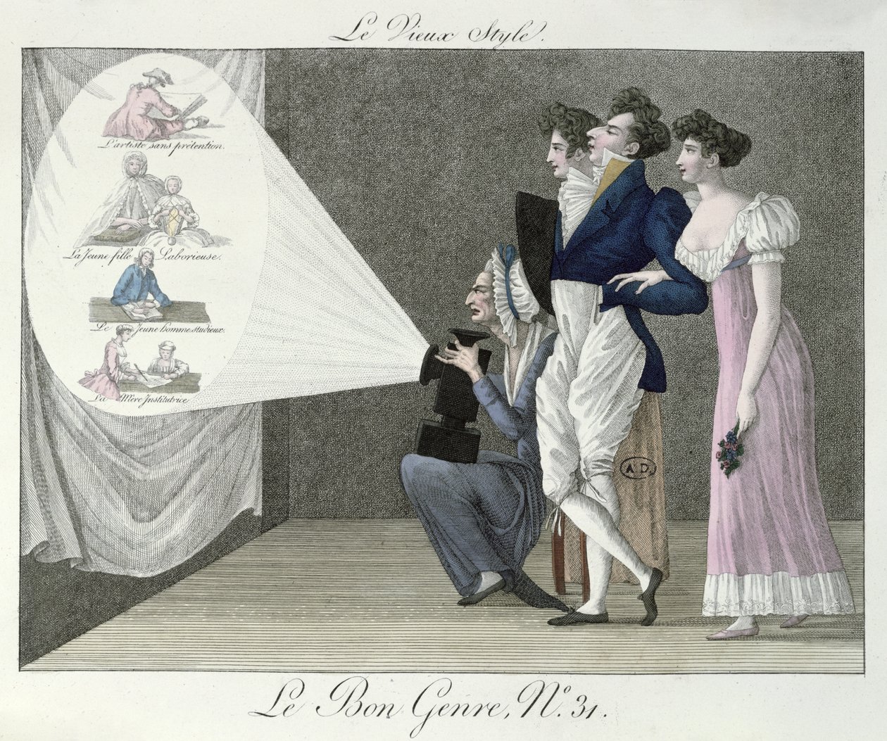 The Old Style, ser en projektion af billeder fra det 18. århundrede fra en magisk lanternefilm, illustration fra Le Bon Genre af French School
