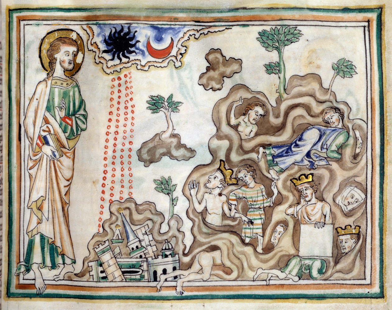 Åbningen af det sjette segl: et jordskælv finder sted, og solen bliver sort. Månen bliver blodrød. konger, herrer og rige mænd tager tilflugt i hulerne" Miniature taget fra "The Apocalypse of Cambrai""" oplyst af den franske skole i det 13. af French School