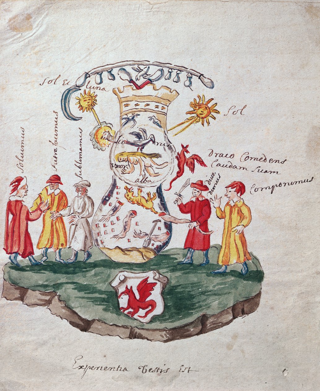 The Operations of Alchemy, illustration fra La Cle de la Grande Science om det ukendte filosofiske værk (blæk & wc på papir) af French School