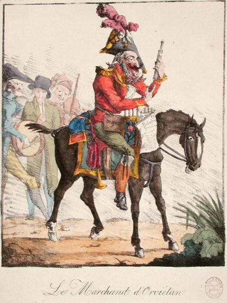 Den orvietanske sælger, ca. 1816 (farvet gravering) af French School