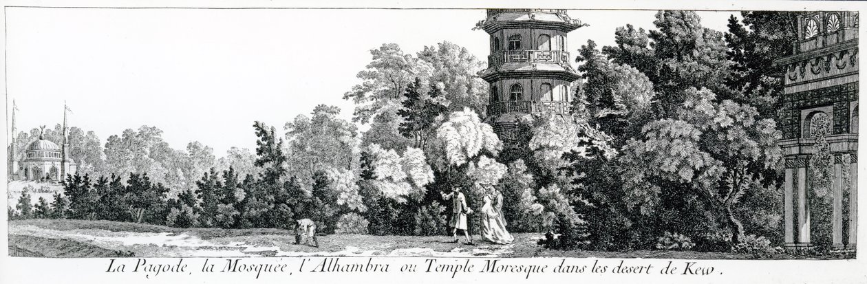 Pagoden, moskeen og Alhambra eller det mauriske tempel i Kew, fra Jardins Anglo-Chinois a la Mode, af George Louis le Rouge, udgivet 1775-78 af French School