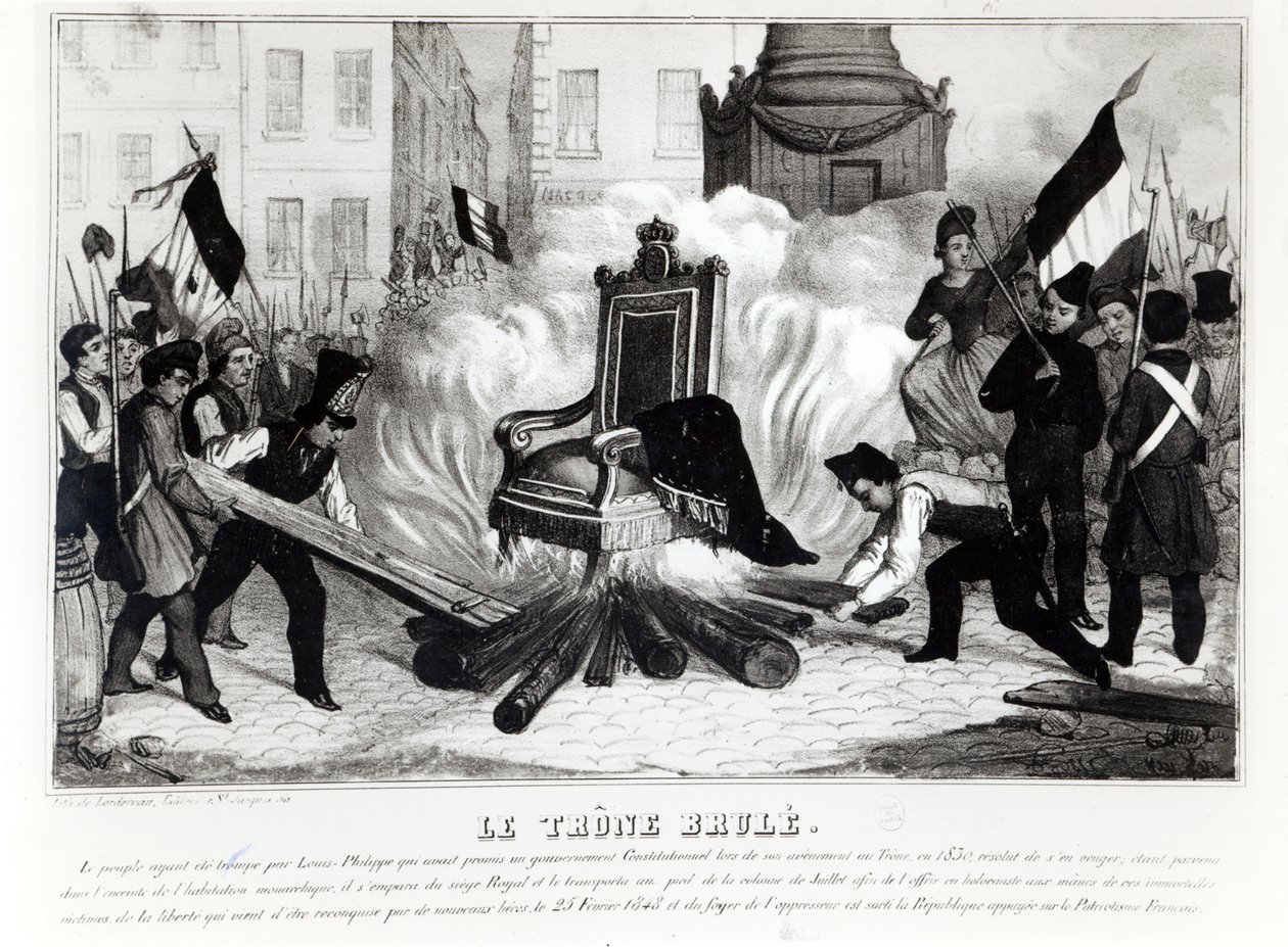 Folket, der brænder tronen på Place de la Bastille, 1848 af French School