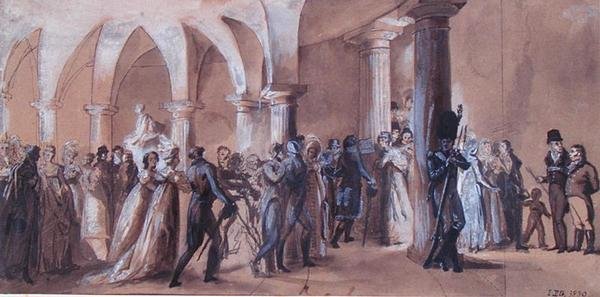Peristilen ved Theatre Francais, ca. 1822 (farve litho) af French School