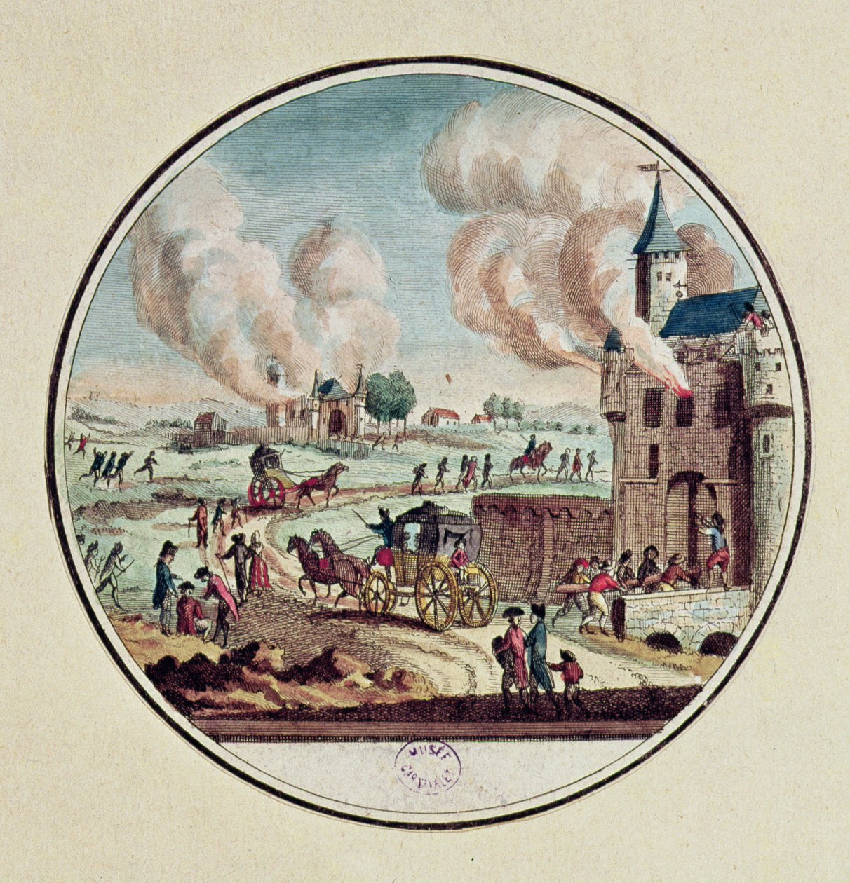 Plyndring og ødelæggelse af slotte og udvandring af prinser og hofmænd i juli 1789 (farvegravering) af French School