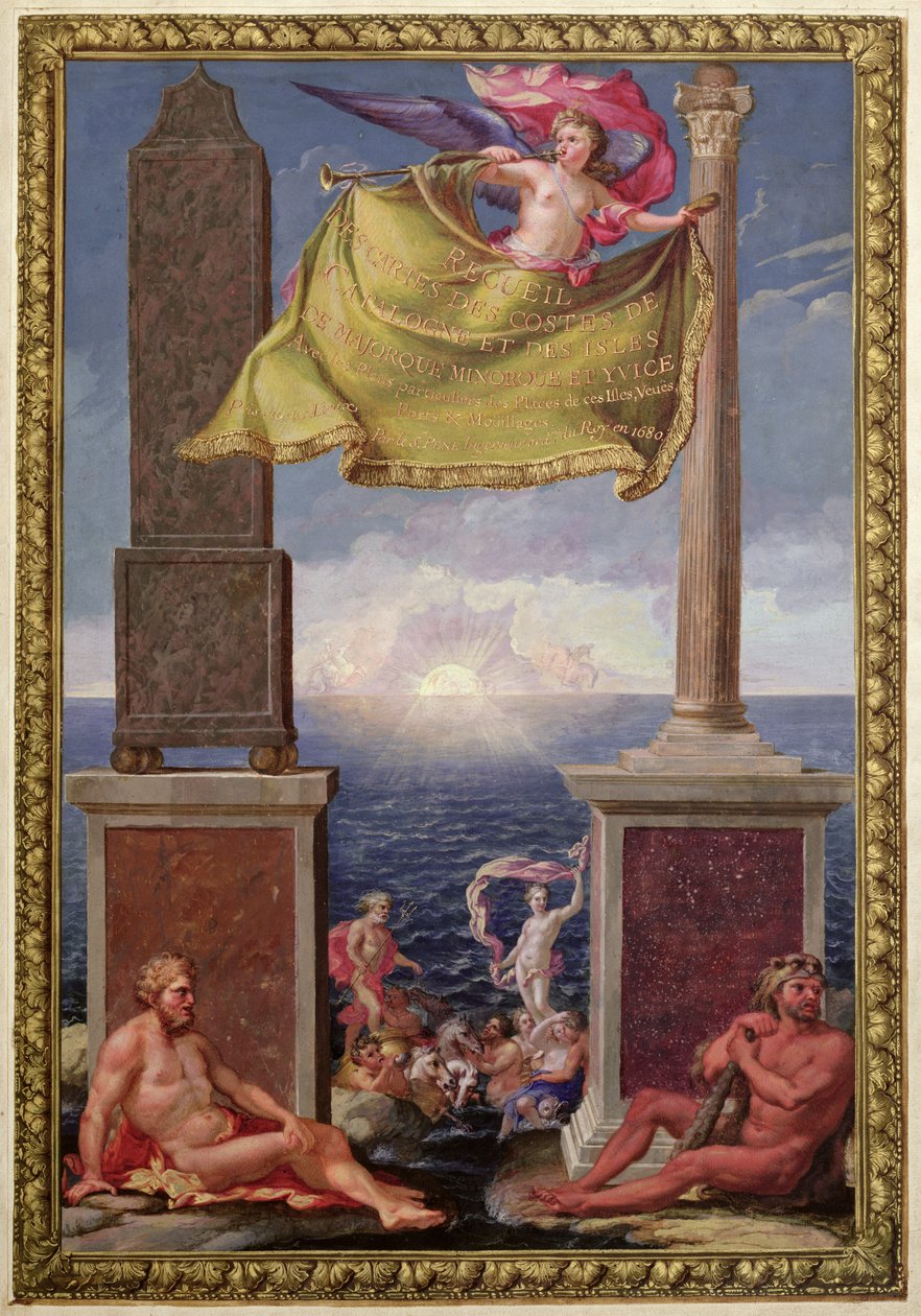 The Pillars of Hercules, frontispice af en samling af kort over Catalonien og De Baleariske Øer af Pene, 1680 (farvegravering) af French School
