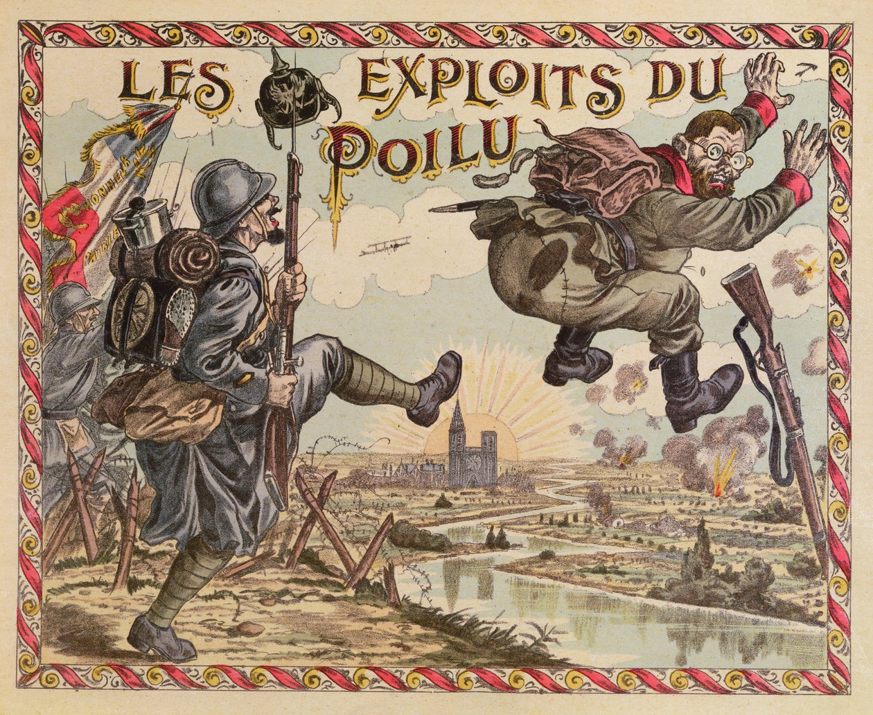 Poilus-præstationerne, der skubber tyskeren ud over Rhinen, cover af et brætspil, ca. 1914-15 af French School