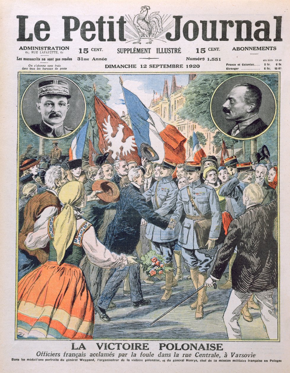 Den polske sejr, franske officerer hyldes af mængden i Central Street i Warszawa, forsideillustration af Le Petit Journal, 12. september 1920 af French School