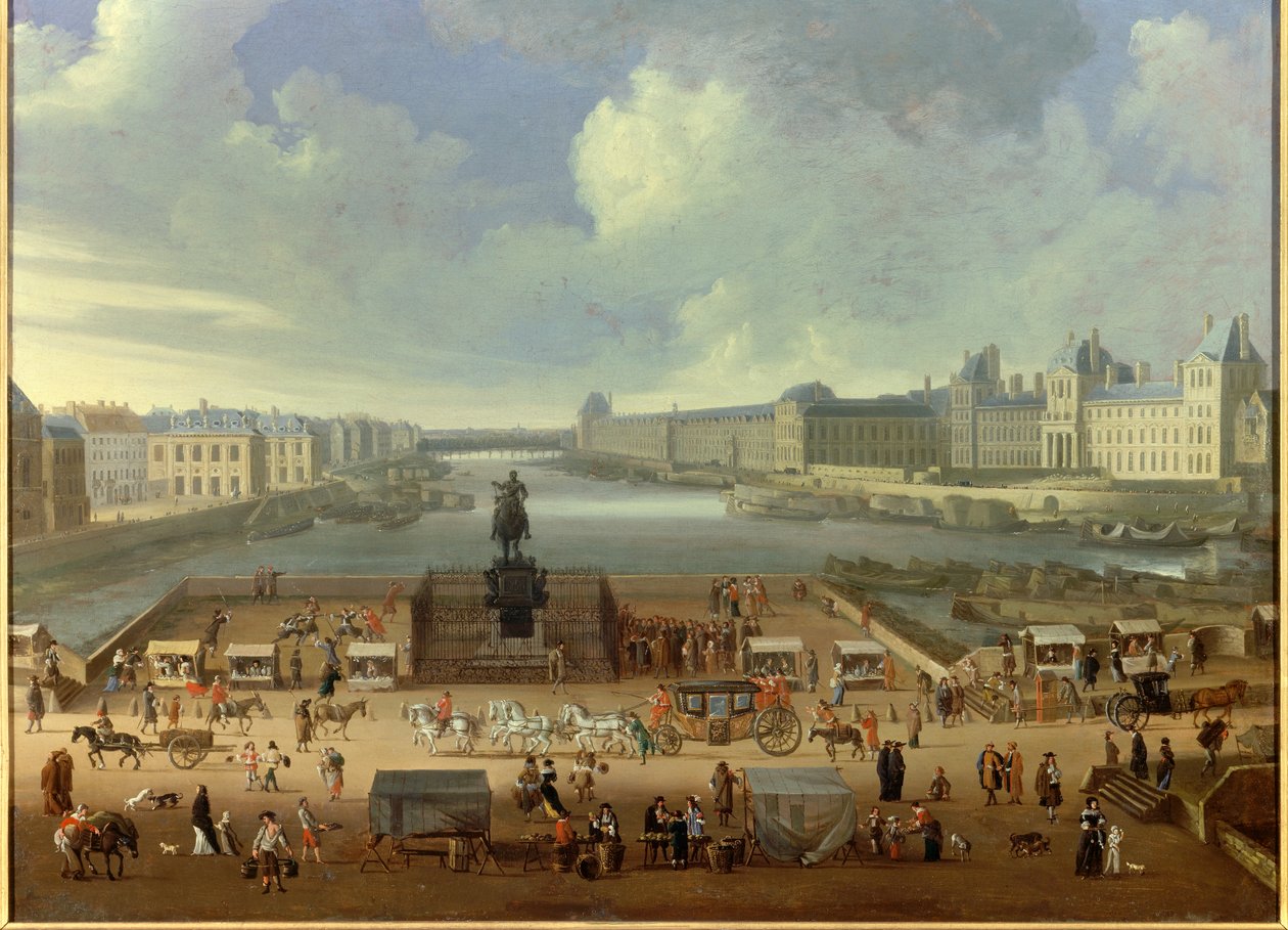 Pont Neuf set fra indgangen til Place Dauphine, Quai Malaquais, College of Four Nations, det store galleri og Louvre. Anonymt maleri af French School