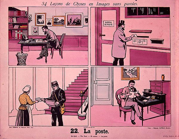"The Post", serie af billeder, der illustrerer forskellige postbilleder fra en fransk skolebog, udgivet af Fernand Nathan, før 1914 (litografi i farver) af French School