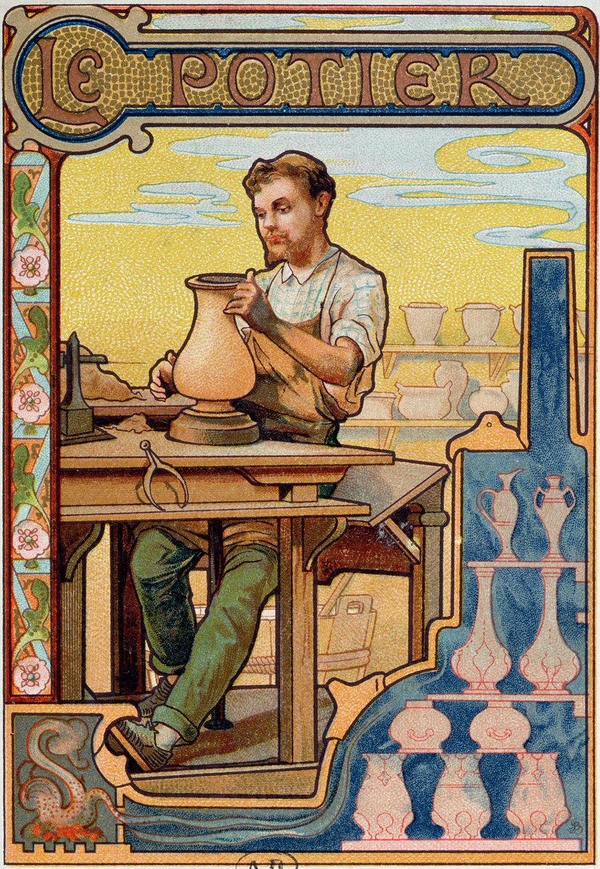 Pottemageren, illustration fra en bog om kunsthåndværk, ca. 1899 af French School