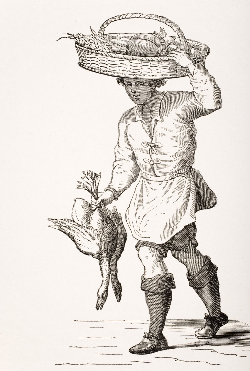 Fjerkræhandleren, efter et træsnit fra det 16. århundrede af Cesare Vecellio (1521-1601) fra "Le Moyen Age et La Renaissance" af Paul Lacroix (1806-84), udgivet i 1847 af French School