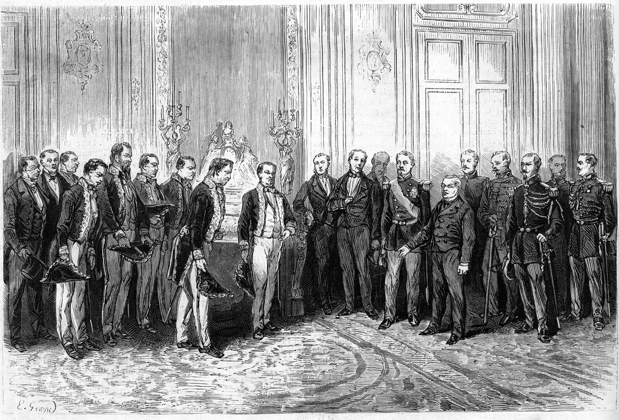 Præsidenten for den franske republik Adolphe Thiers (1797-1877) modtog japanske ambassadører i Elysee-paladset. Indgravering i "" Le Monde Illustré"" nr. 821 af 4. januar af French School