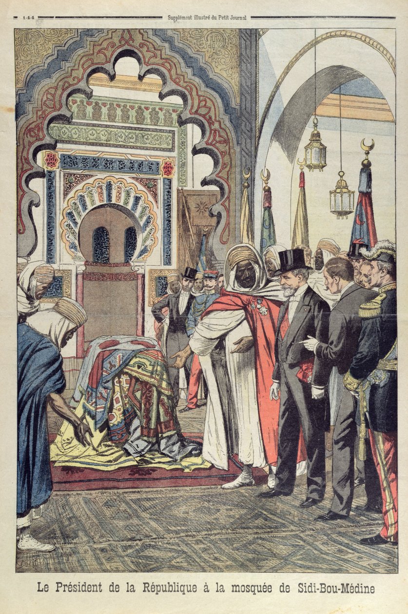 Præsidenten for Den Franske Republik, Emile Loubet (1838-1929) på besøg i moskeen Sidi Bou Medine, Tlemcen, Algeriet, illustration fra Le Petit Journal, 3. maj 1903 af French School