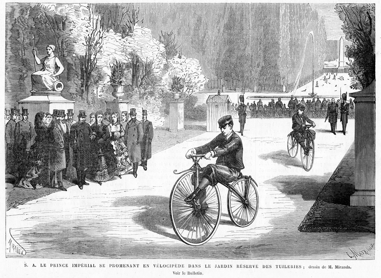 The Prince Imperial, overvåget af sine forældre, kejseren og kejserinden, viser sin evne til at cykle på en Michaux velocipede i Tuileries Gardens, Paris, 1869 af French School