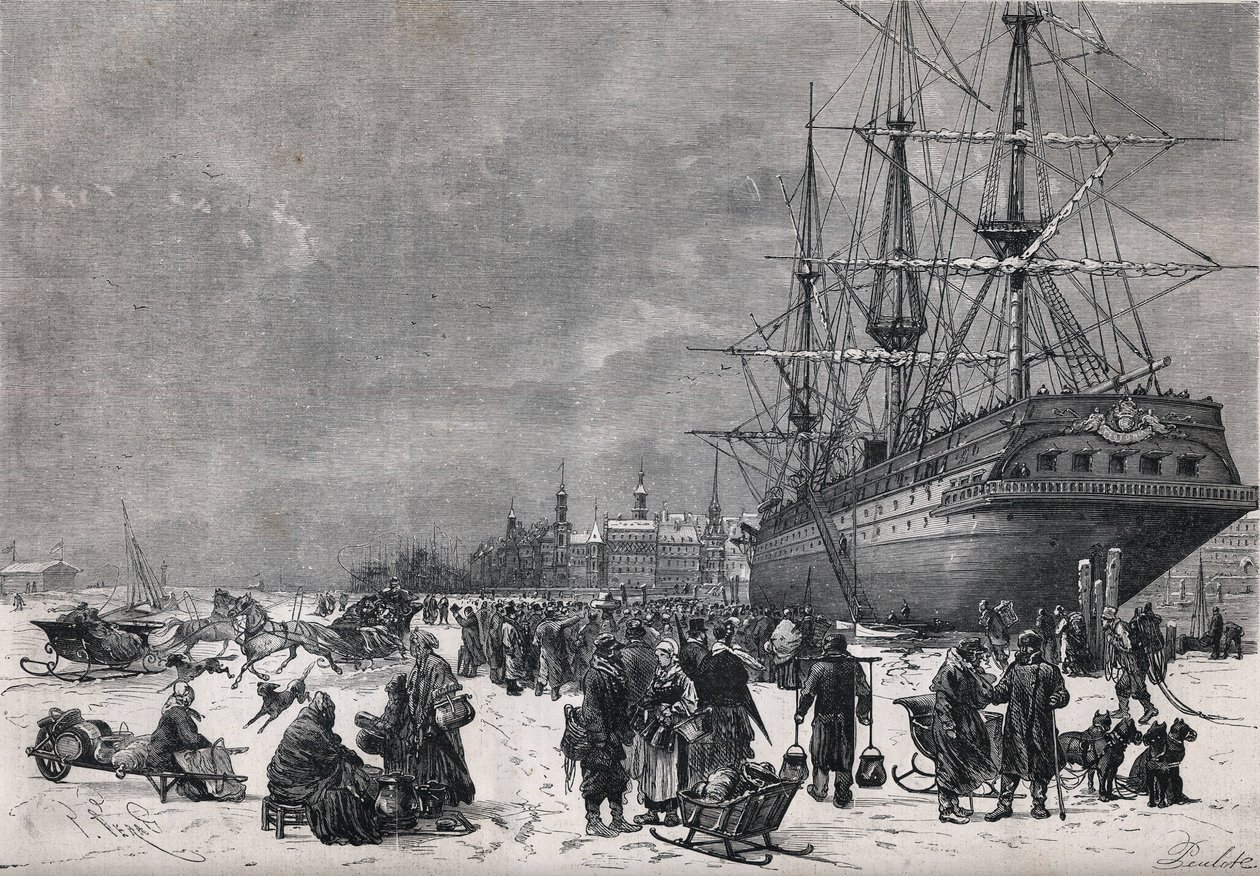 Det preussiske skib "Teutonia" i havnen i Hamborg i Tyskland. Franske soldater blev holdt fanget i krigen i 1870. Indgravering i "" Le Monde Illustré"" nr. 743 af 8. juli 1871. af French School