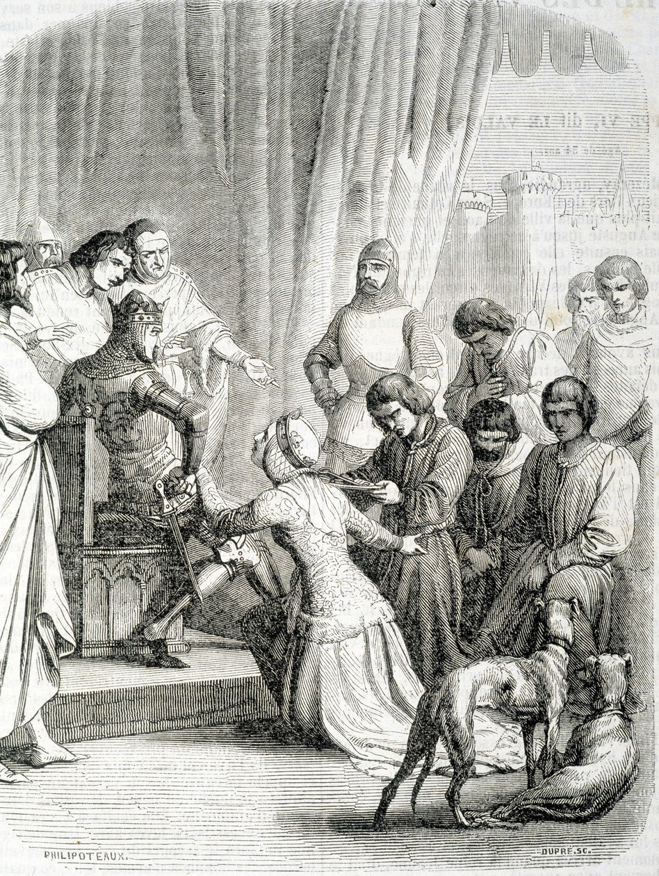 Dronningen af England (Philippa de Hainaut) beder tak til sin mand Edward III for indbyggerne i Calais (afsnit af de 6 borgerlige i Calais) af French School