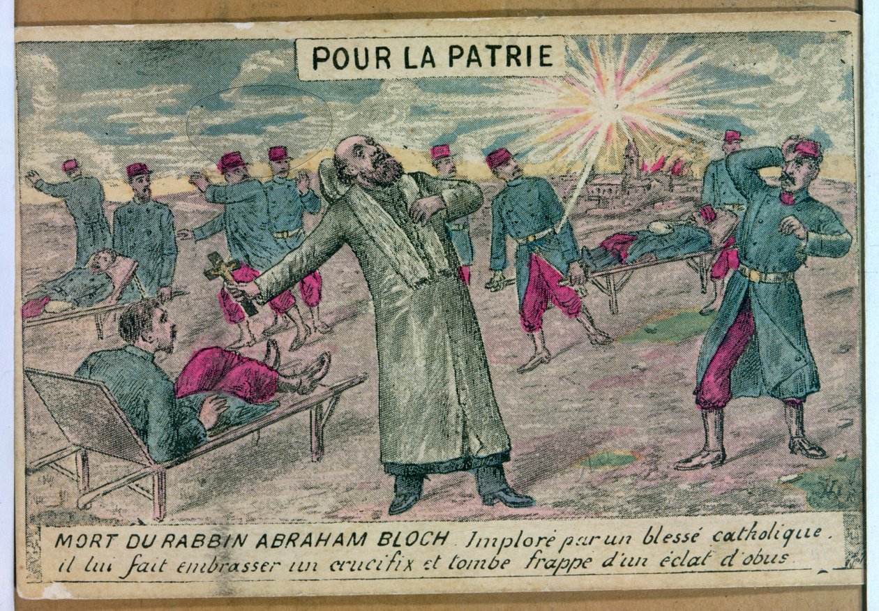 Rabbineren Abraham Bloch tilbyder et krucifiks til en døende katolsk soldat og bliver ramt af en granat, 1914-18 af French School