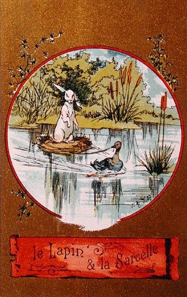 Kaninen og krikand, illustreret kort, der forestiller fabel af Jean de la Fontaine (1621-95) ca. 1880 af French School