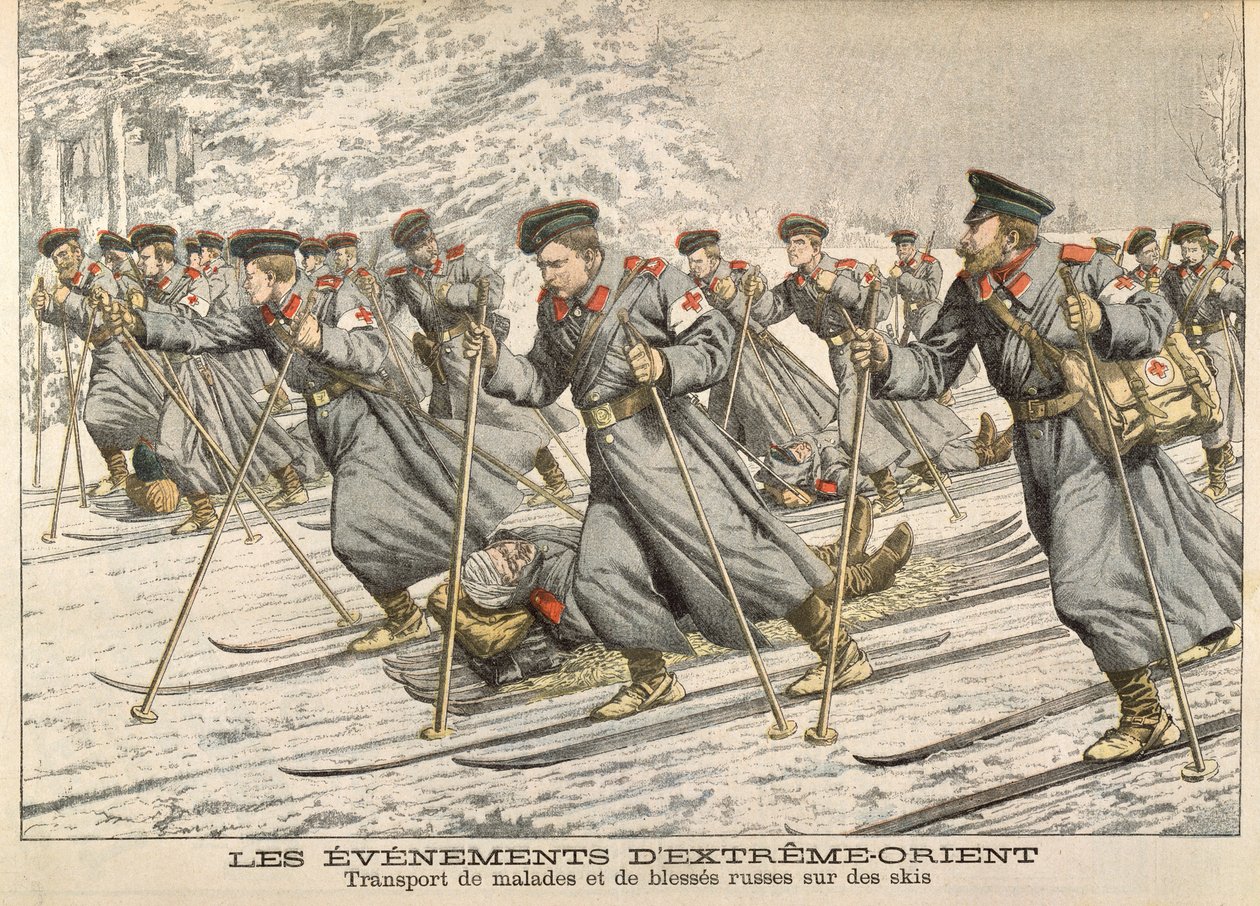 Røde Kors transporterer sårede russere på ski under den russisk-japanske krig (1904-05) fra Le Petit Journal, ca. 1904 af French School