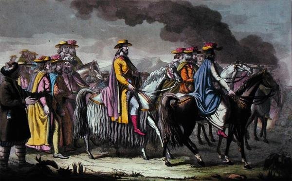 Regent af Tibet og hans tilhængere (akvarel på papir) af French School
