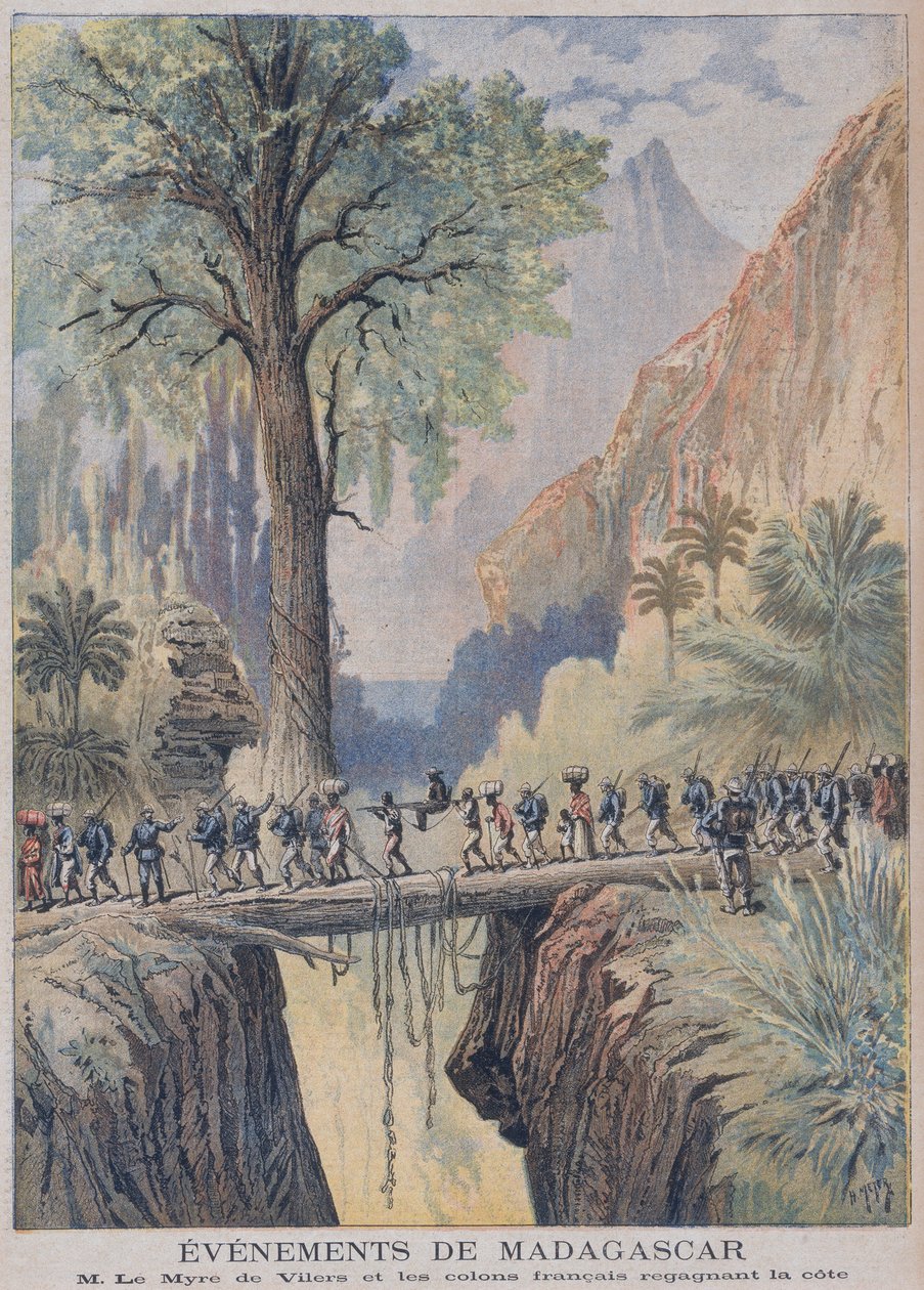 Generalresidenten i Madagaskar, Charles le Myre de Vilers og franske kolonister når kysten, illustration fra "Le Petit Journal", 3. februar 1895 af French School