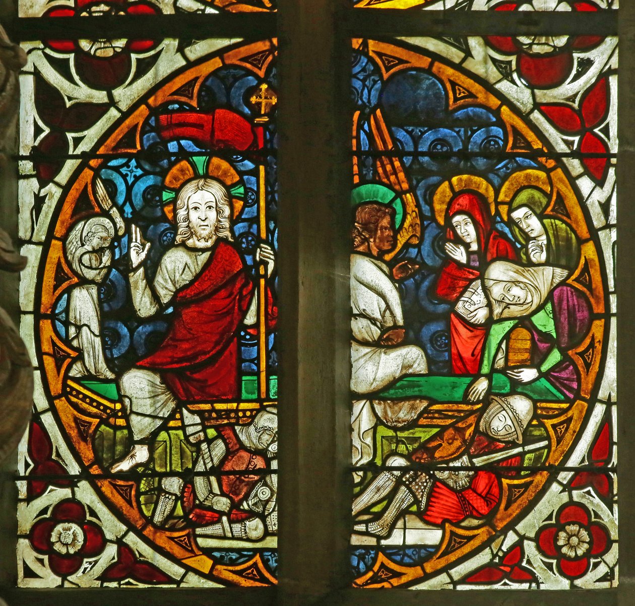 Opstandelsen og de tre hellige kvinder ved graven, ca. 1350 (farvet glas) af French School