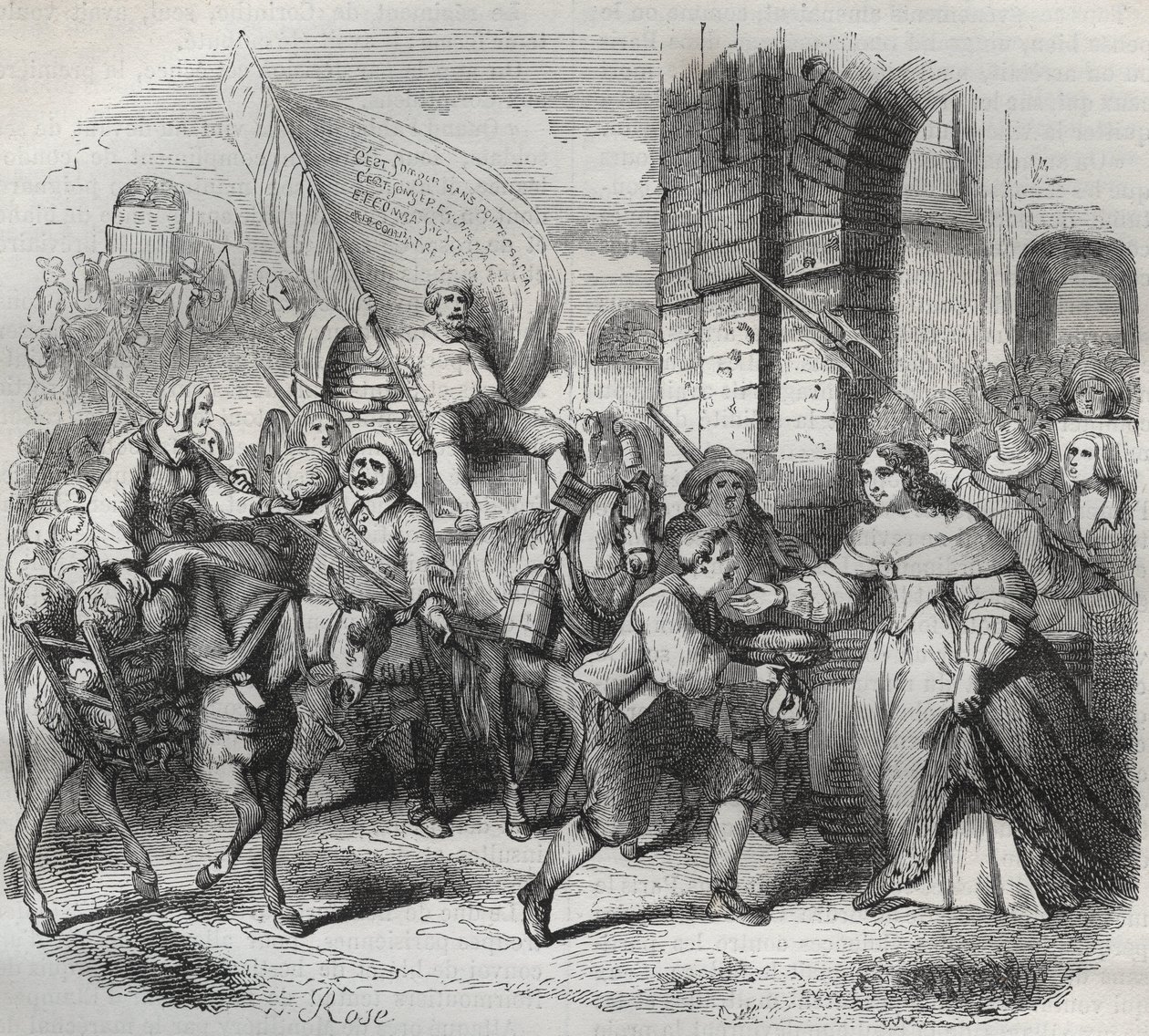 The Return of Gonesse, episode af Fronde: "Lady of Paris" byder velkommen til "Lady of Aubervilliers" og "Nouricier Gonesse", som kom for at forsyne hende. Gravering frondeuse 1649 - gravering i "Paris a travers les siecles"" af H. Gourdon de Genouillac af French School