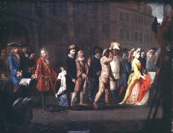 Comediens tilbagevenden efter undertrykkelsen af Comedie Italienne, 1697 af French School