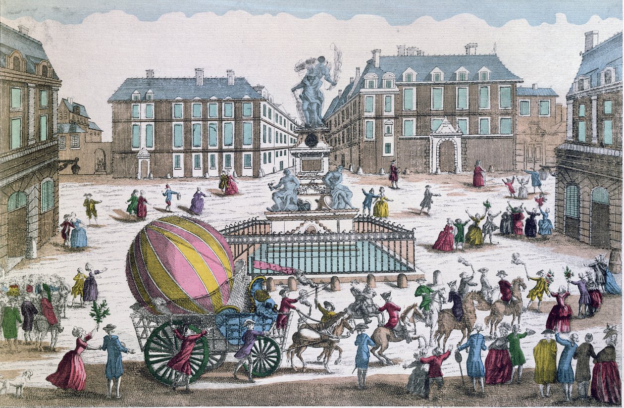 Tilbagekomsten den 2. december 1783 til værkstedet på Place des Victoires af Jacques Charles (1746-1823) og Nicholas Roberts (1761-1828) ballon af French School