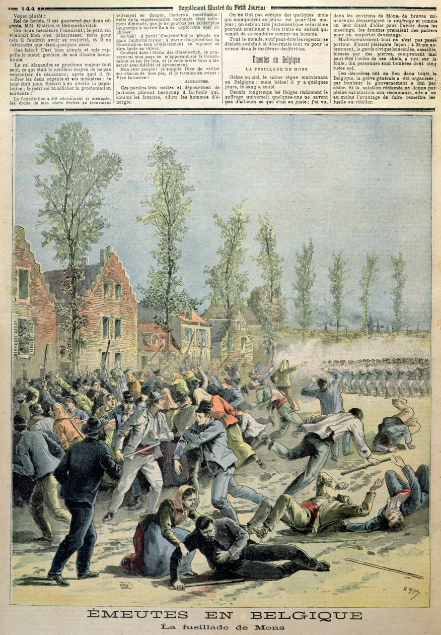 The Riots in Mons, illustration fra Le Petit Journal, maj 1893 af French School