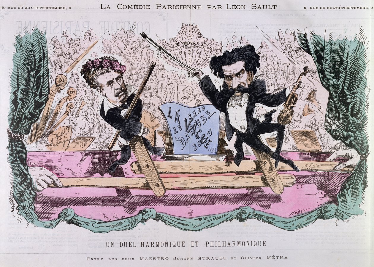 De rivaliserende komponister af valse, Johann Strauss den Yngre (1825-99) og Olivier Metra (1830-89), ca. 1870 af French School