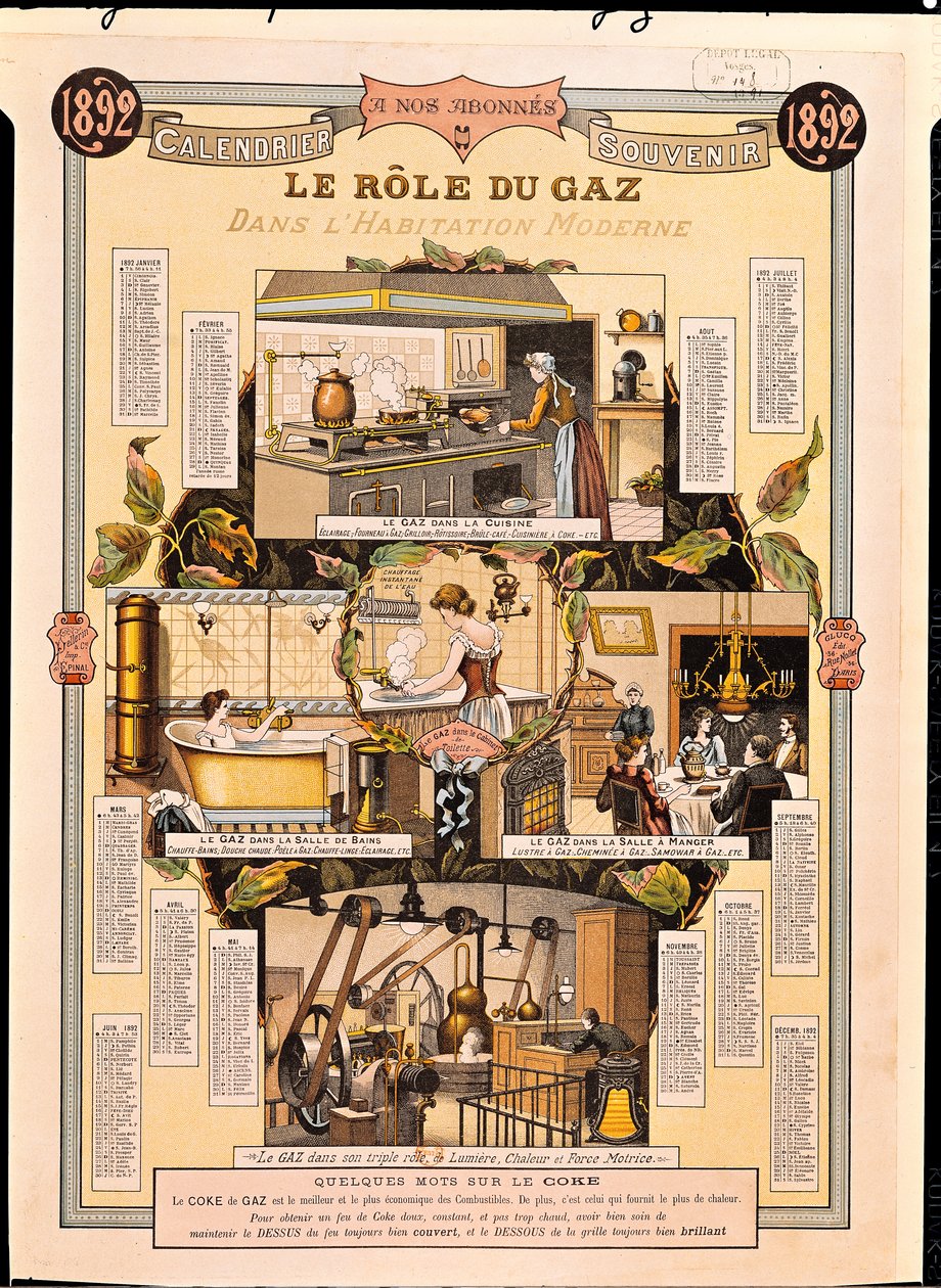 Gass rolle i moderne huse, fra en fransk gasselskabs kalender, 1892 af French School