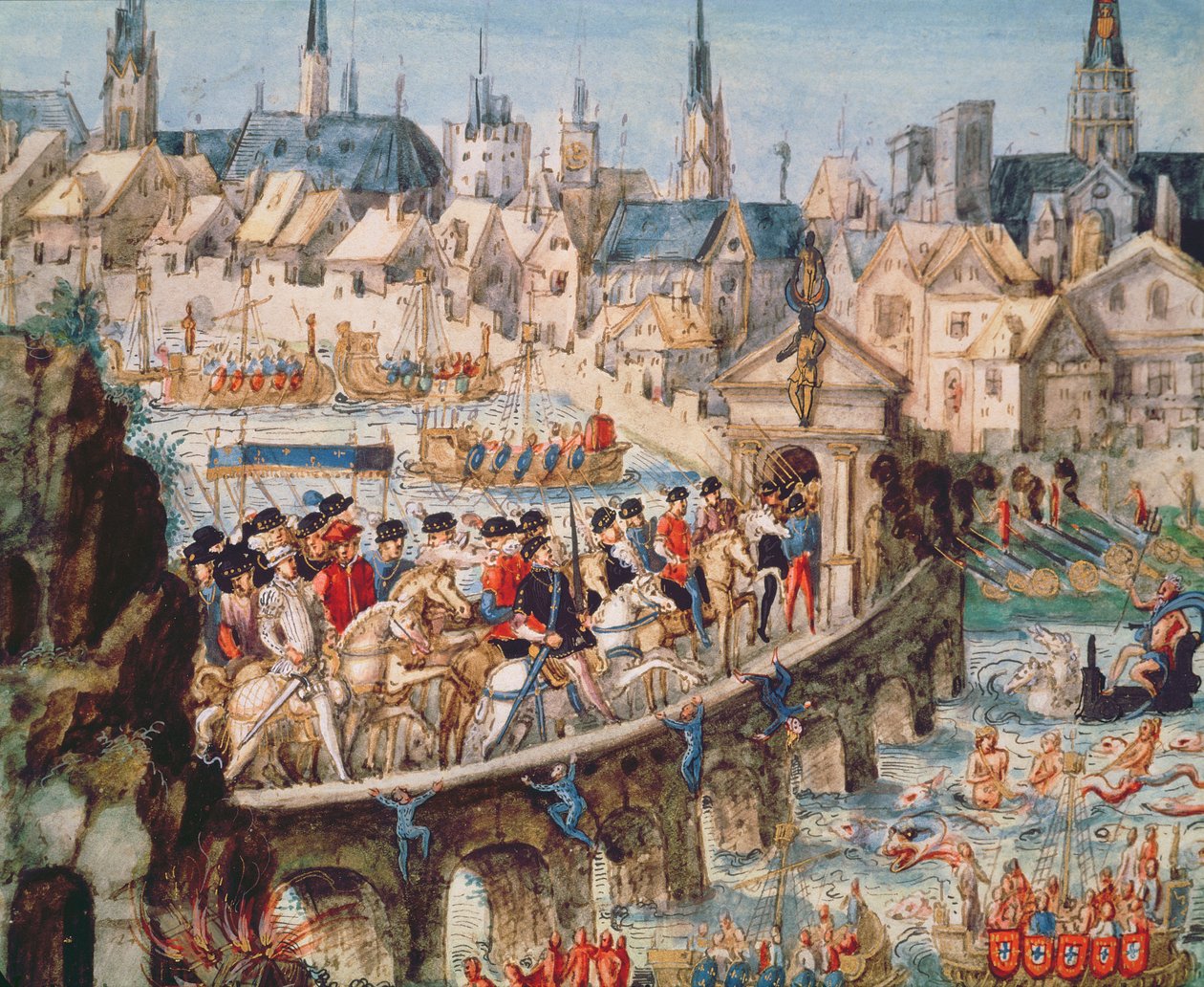 The Royal Entry Festival of Henri II (1519-59) til Rouen, 1. oktober 1550 (pen og blæk og wc på papir) af French School