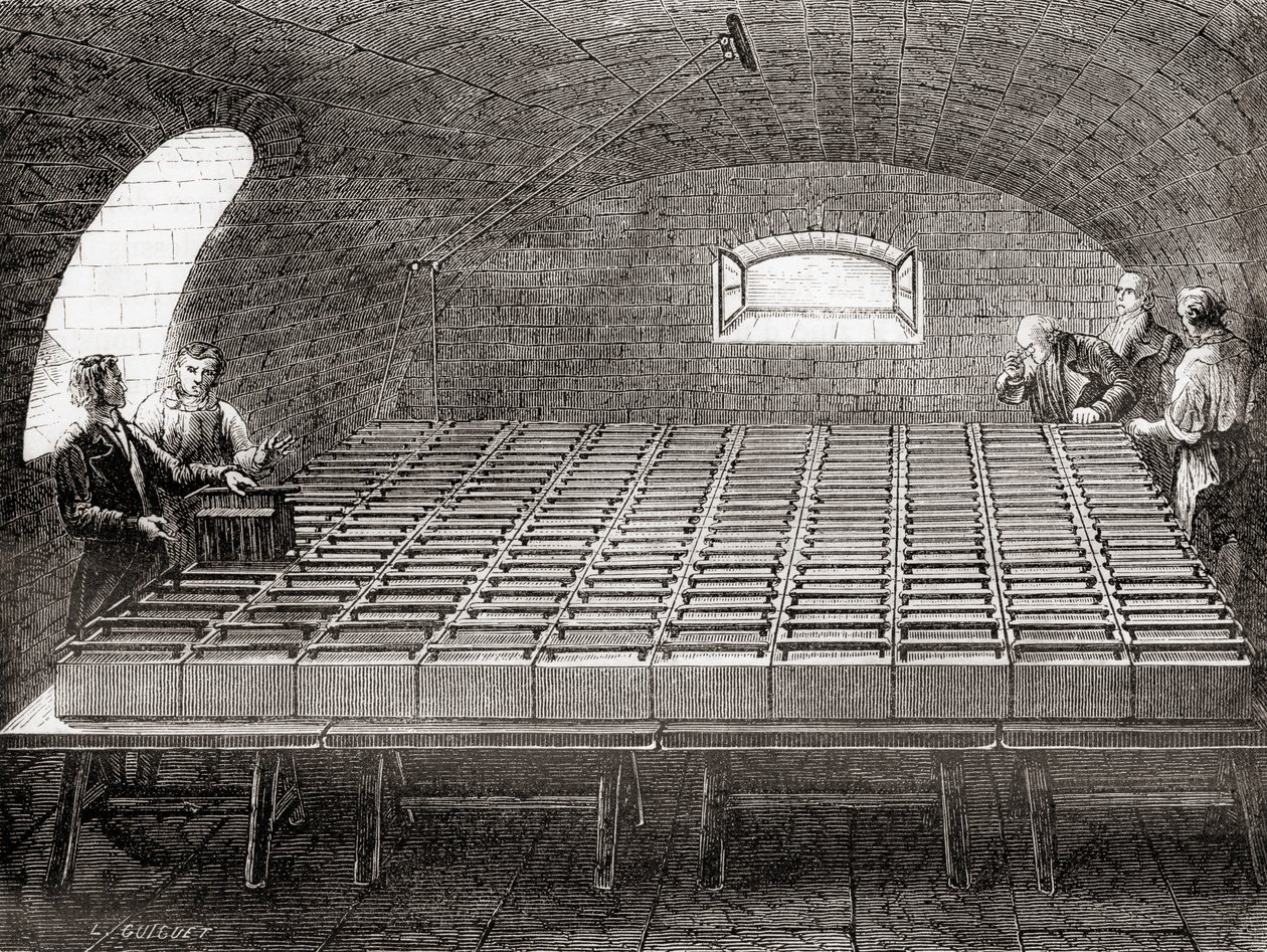 The Royal Institution elektriske batteri, fra Les Merveilles de la Science, pub.1870. af French School