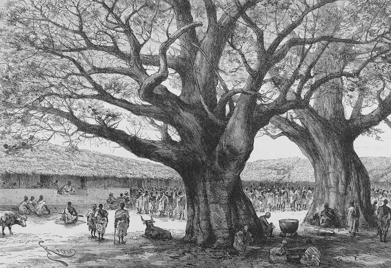 The Royal Residence at Aouabou, illustration from "Du Niger au Golfe de Guinee ...", by Louis Gustave Binger, 1892dani af French School