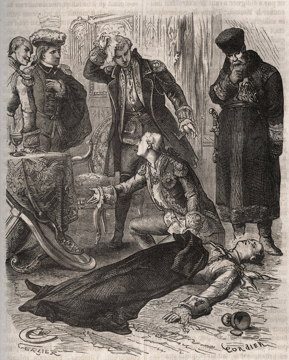 Den russiske kejser Peter III (1728-1762), der fik tildelt en bolig, blev myrdet efter ordre fra sin kone Catherine II, som netop havde væltet ham og overtaget magten, af Alexei Orlov (1737-1808) og hans vagter den 17. juli 1762. Stik fra 1871 i “Histoire  af French School