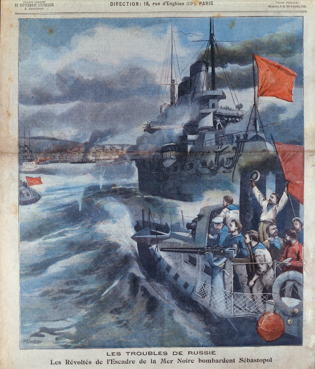 Det russiske mytteri i Sortehavet og bombardementet af Sebastopol, illustration fra Le Petit Parisien, 1905 af French School