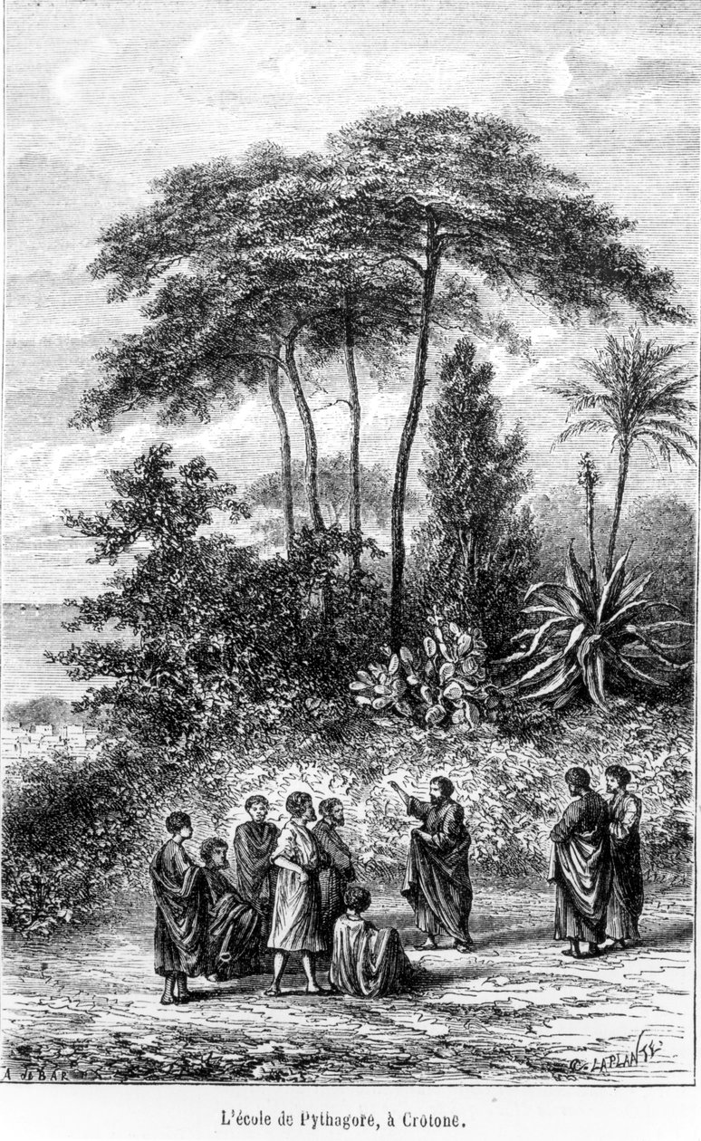 The School of Pythagoras (ca. 580-500 f.Kr.) fra Le Monde Illustre, 1865 af French School