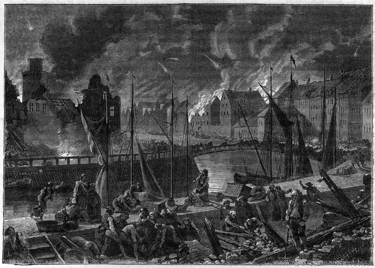 Det andet slag om København (eller bombardementet af København) (16. august-5. september 1807) Britisk bombardement af København for at seksten den dansk-norske flåde, under Napoleonskrigene - Engelske krige - Slaget ved København i 1807 o af French School