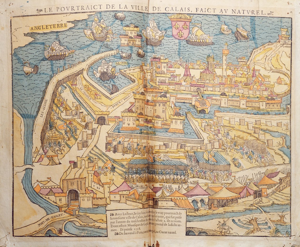 The Siege of Calais, 1558 (farvet træsnit) af French School